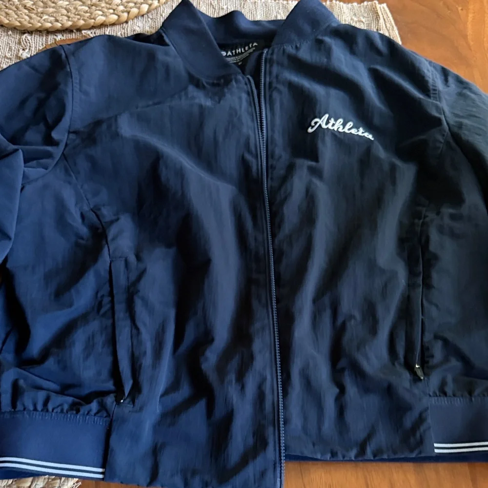 Athleta Navy Script Logo Zip-Up Jacket - Picture 2 of 5